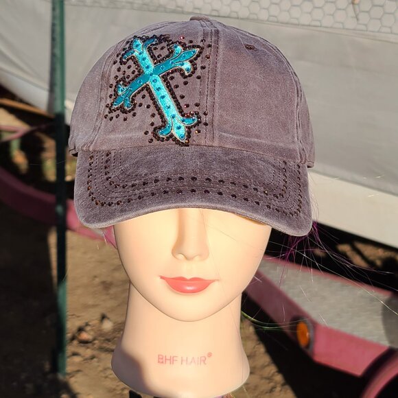 Ladies Brown & Turquoise Cross BLING Hat NEW - Picture 1 of 4